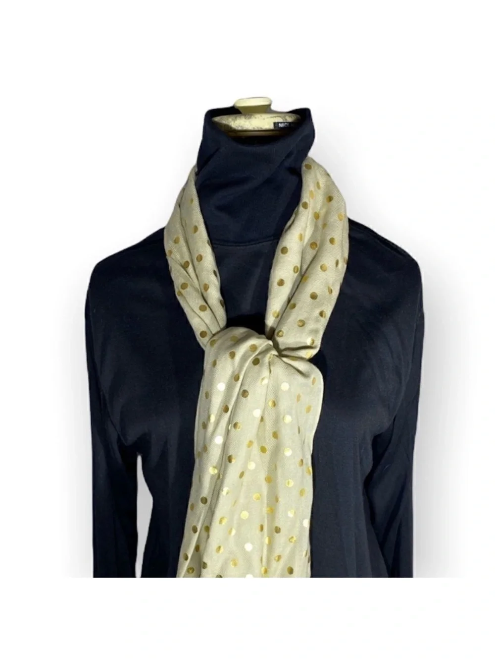 New JCrew 100% Wool Tan Scarf With Gold Polka Dots
